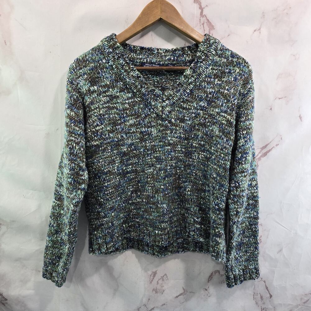 Vintage 90s Sweater Womens Medium Crop Blue Green Brown Marled Variegated